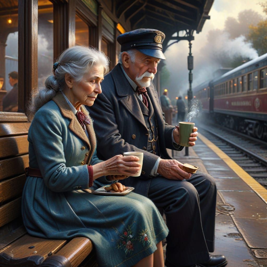 Elderly Conductor Gives Coffee to Young Girl at Train Statio...