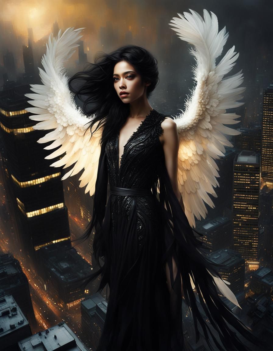 Fallen Angel with Black Wings on Skyscraper