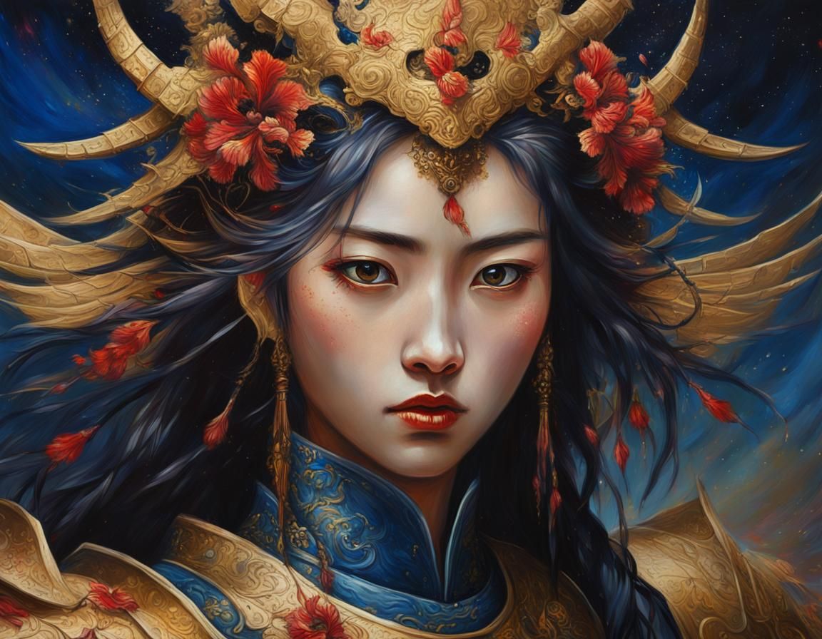 Samurai Girl in Romanticism Oil Painting Style