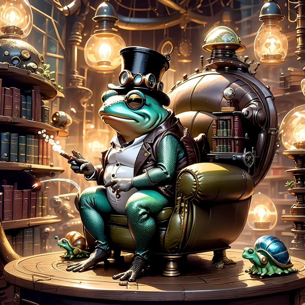Steampunk Toad Smoker in Bioluminescent Forest