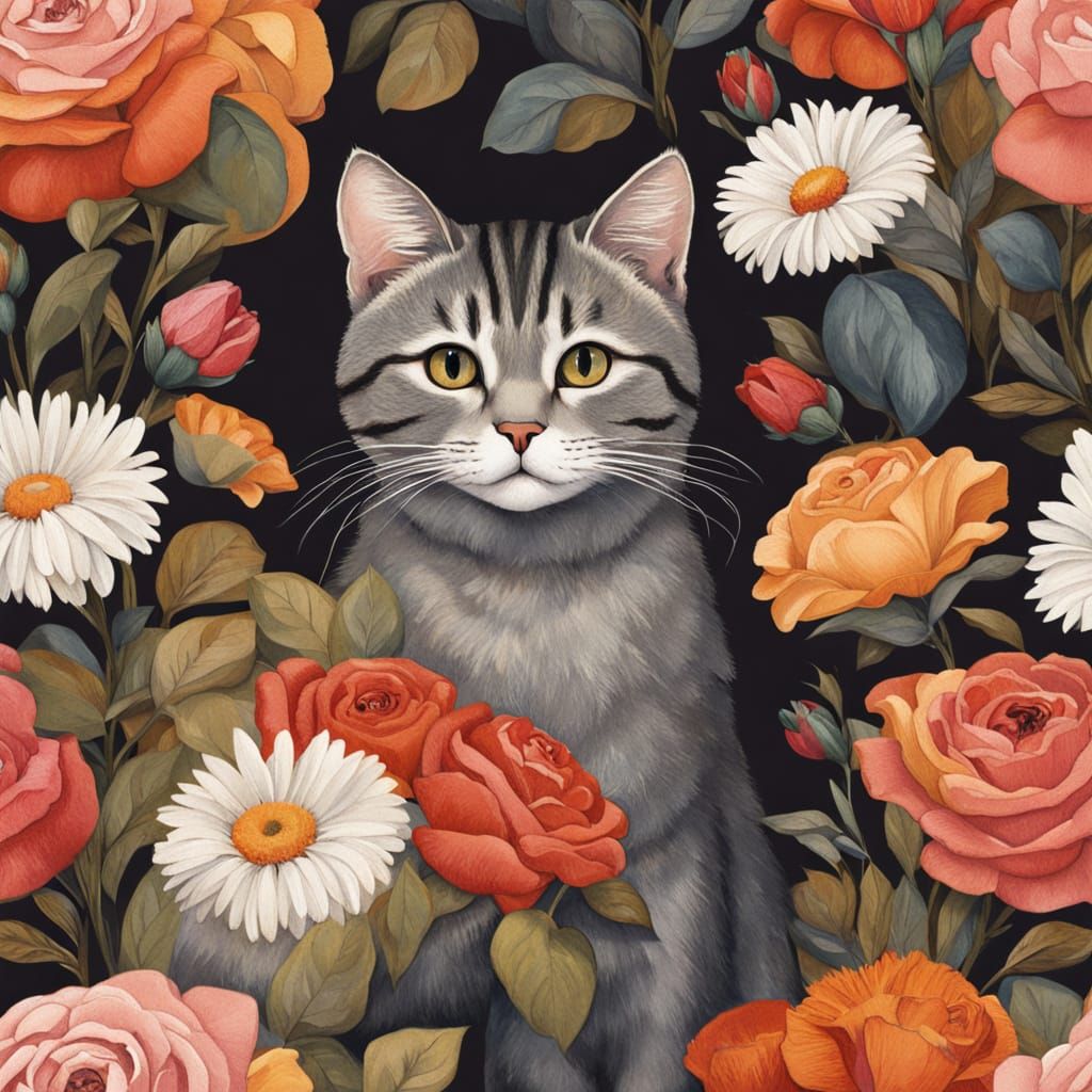 Whimsical Floral Feline in Watercolor Style
