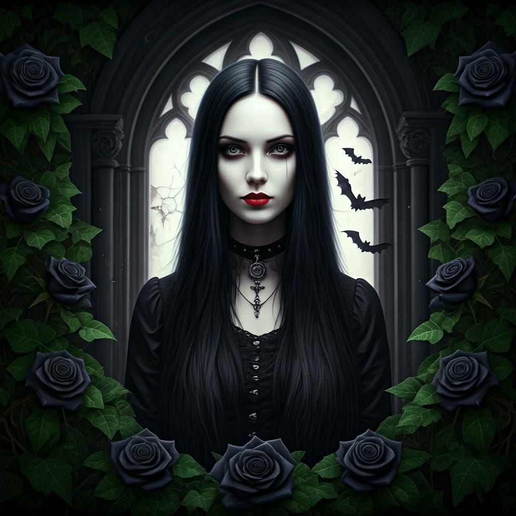 Gothic Horror Woman in Black and White Oil Painting