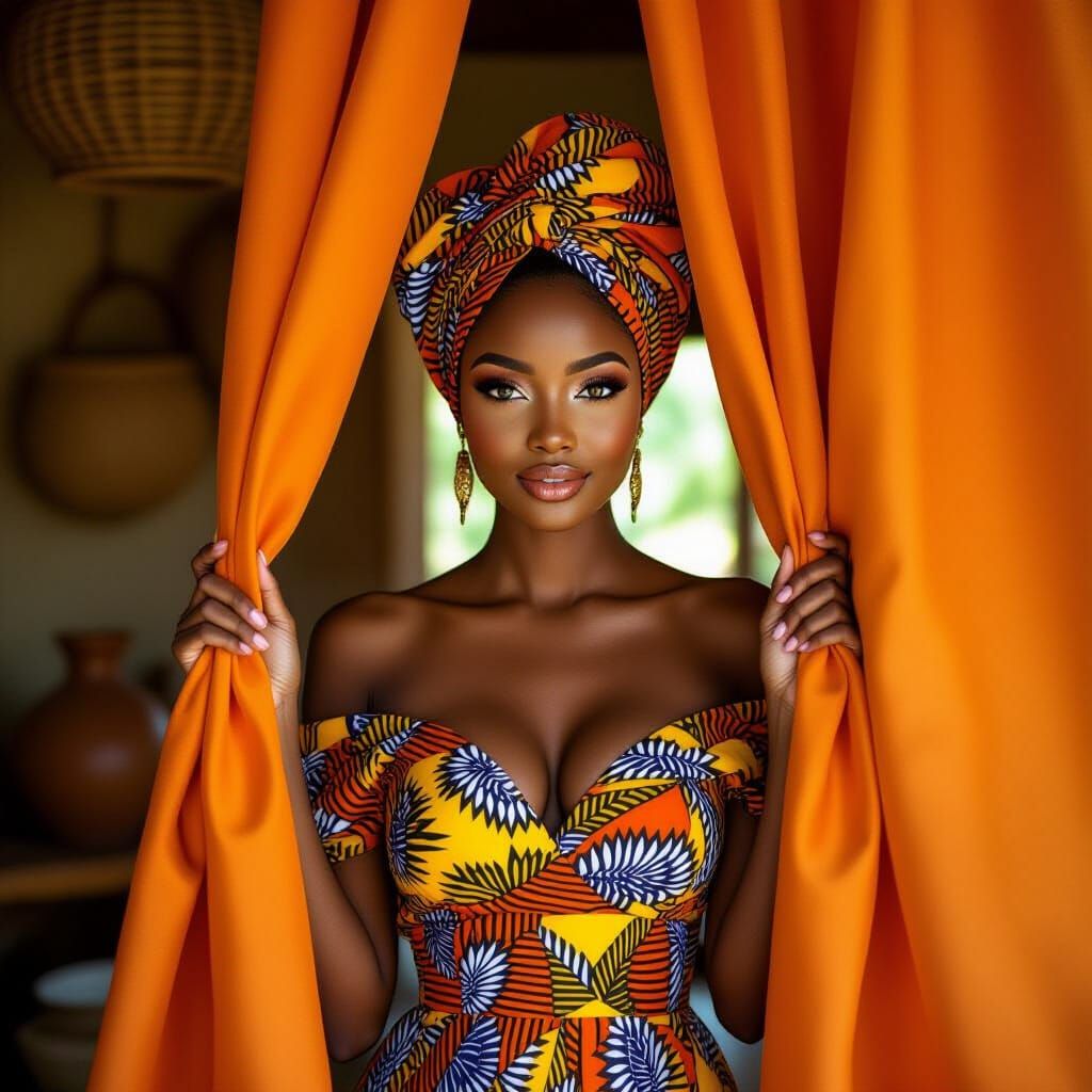 African Woman Peeking Through Orange Curtains