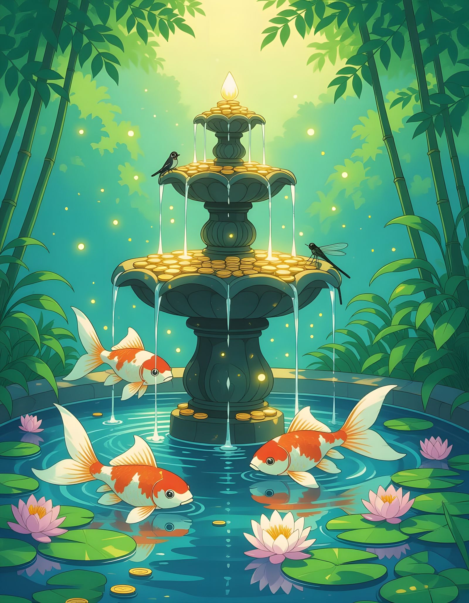 Anime Fountain of Gold Coins with Koi Fish