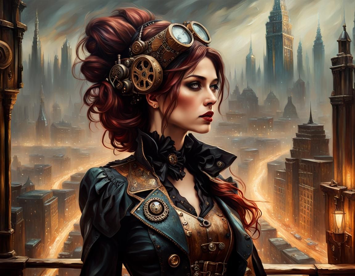 Steampunk Beauty Overlooks Gloomy Cityscape in Oil Painting ...