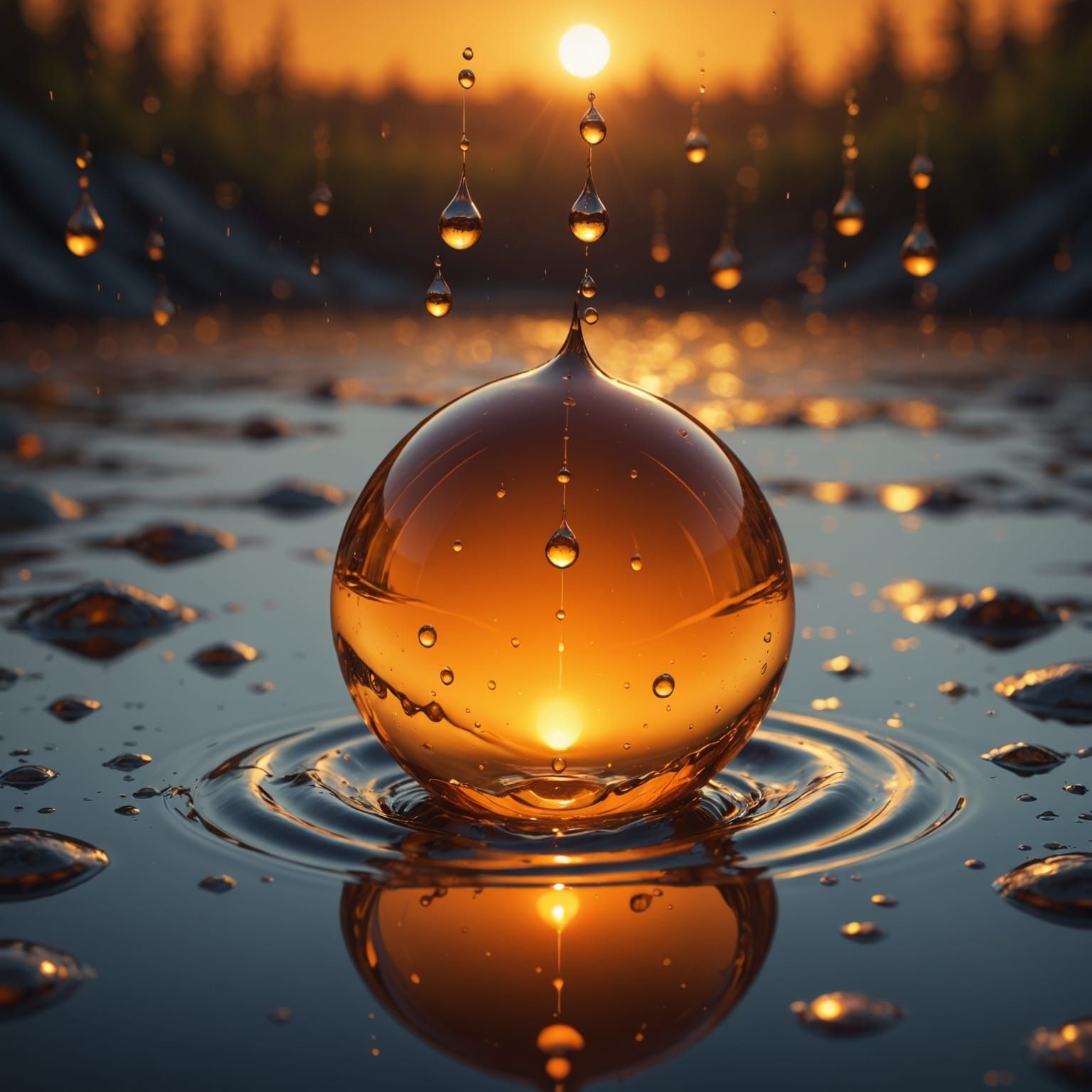 Glowing Golden Water Droplet in Suspenseful Anticipation