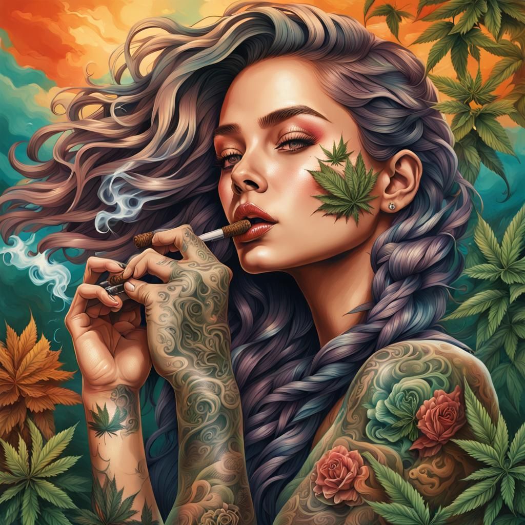 Hyperrealistic Woman Smoking Pipe in Marijuana Garden