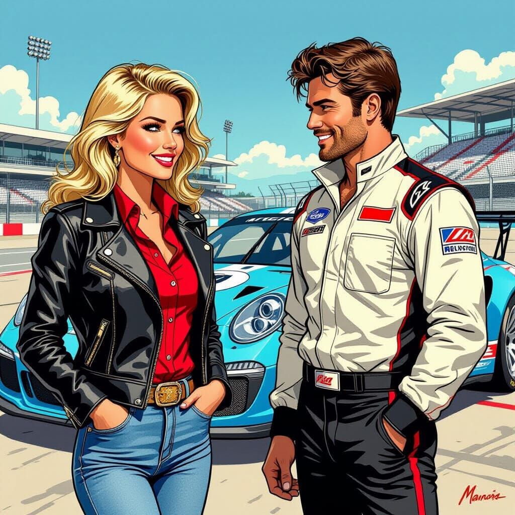 Retro Comic Art: Blonde Woman and Race Car Driver