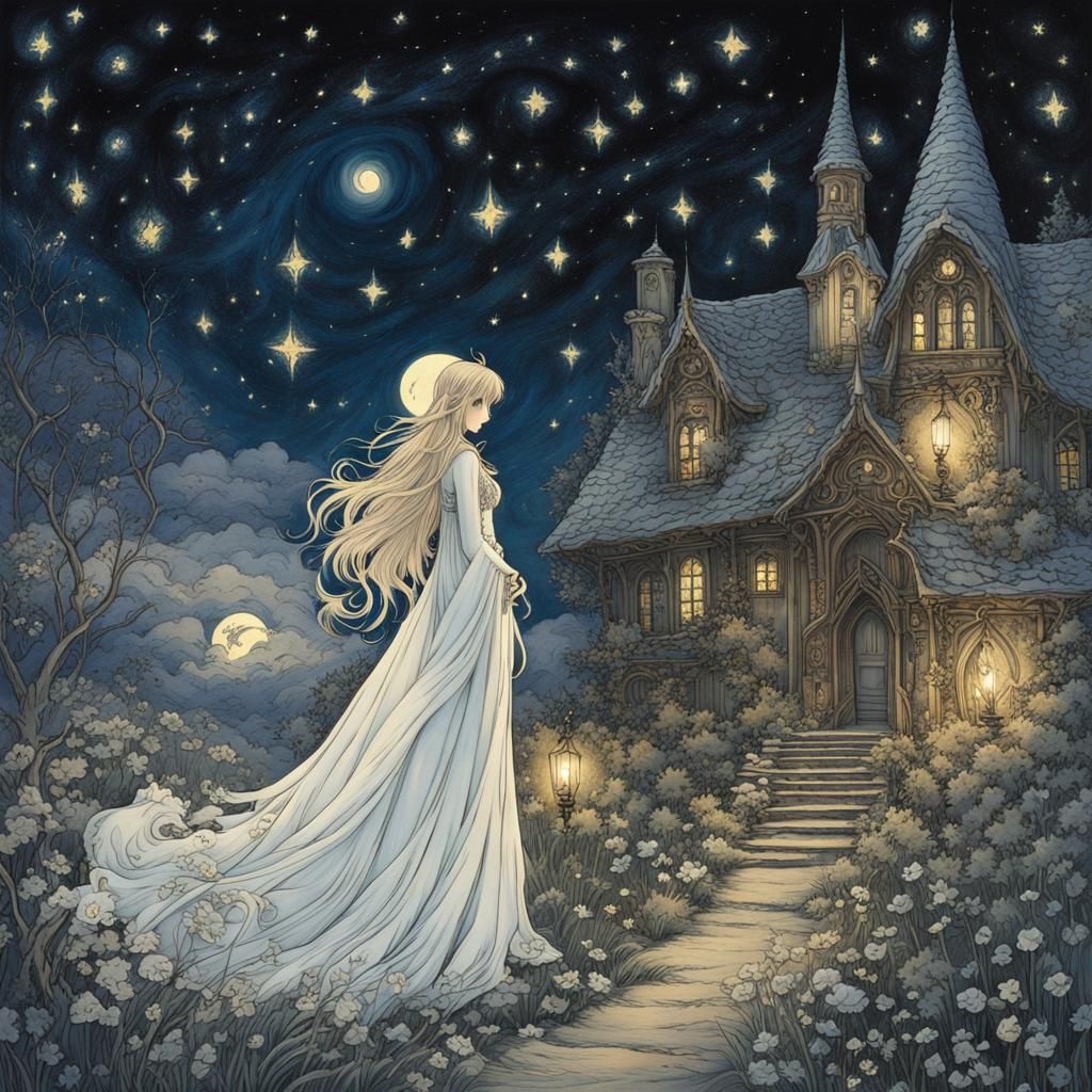 Fairytale Ghost on Starry Night in Anime Style