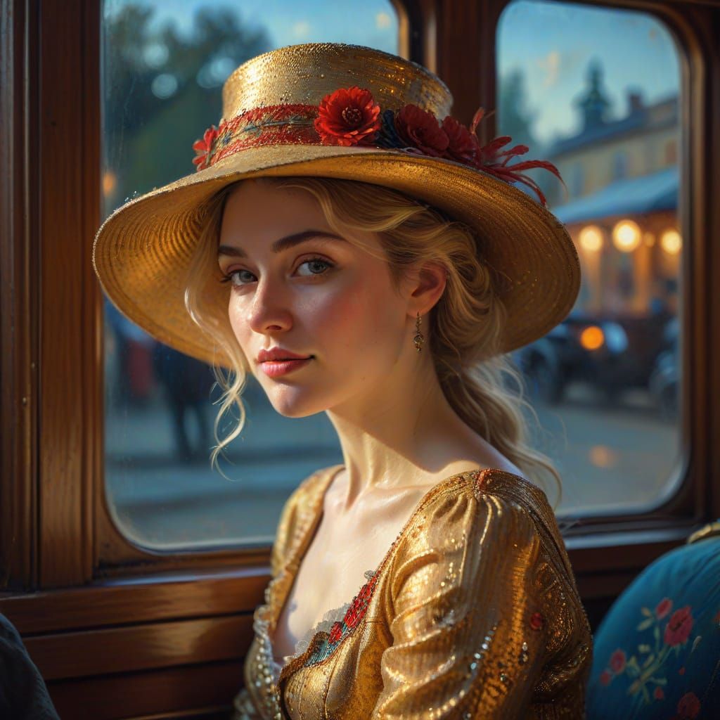 Elegant Lady in Steam Train Elegance, Oil on Wood