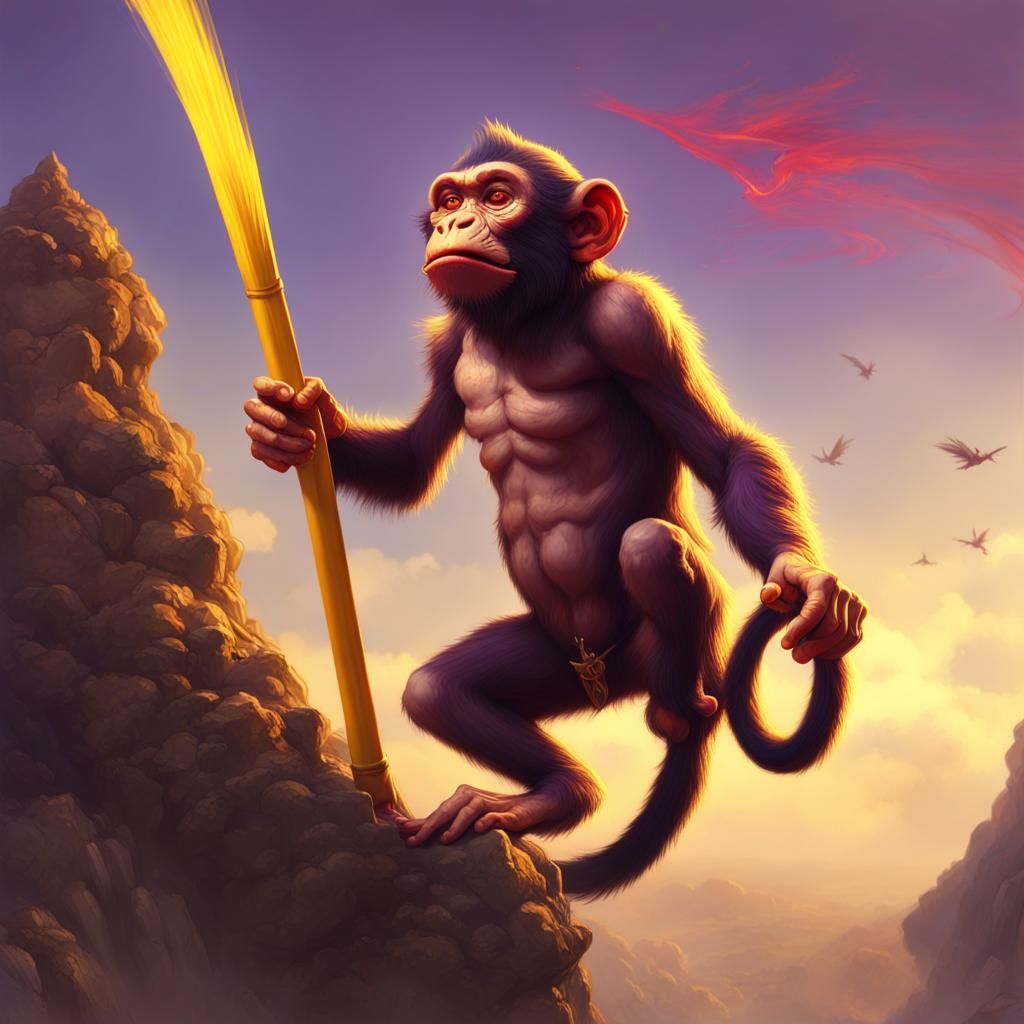 Monkey-Human Hybrid Flies on Cloud: Dark Fantasy Art