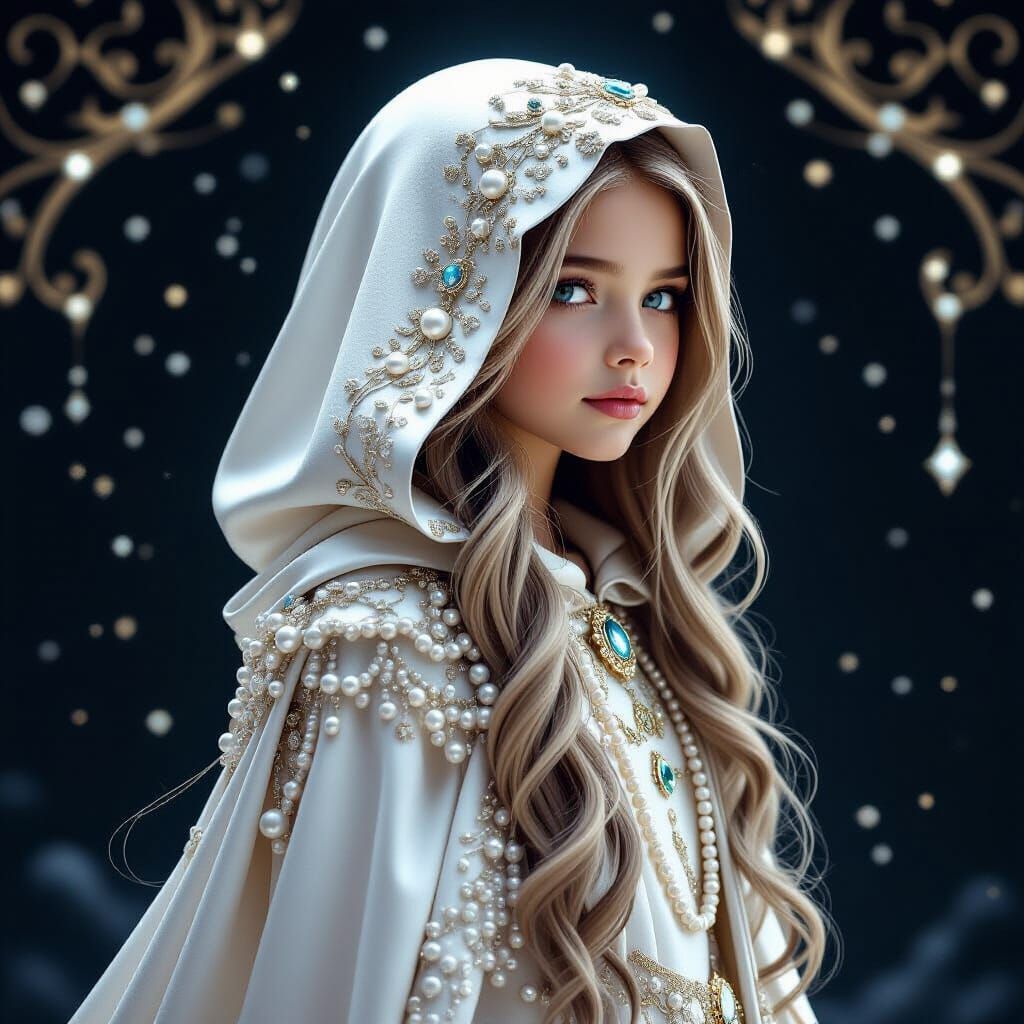 Young Girl in Pearl Embellished Cape with Mystical Lighting