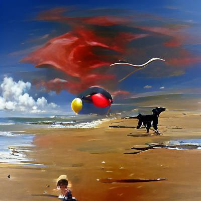 Dog Playing Ball on Beach, Gurney-Style Oil Painting