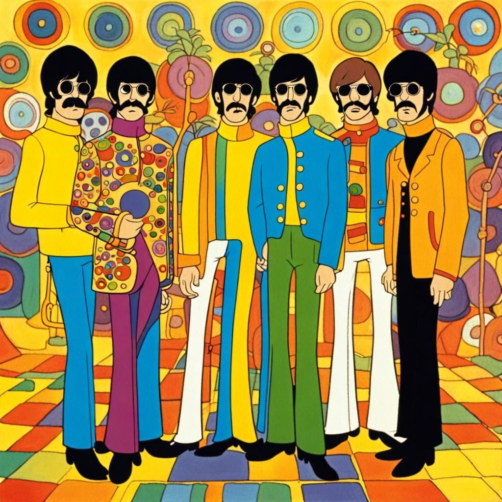 Groovy sixties, 1968. Picture from the animated Beatles movie Yellow submarine. Ringo, George, Paul, John, in  the yello...