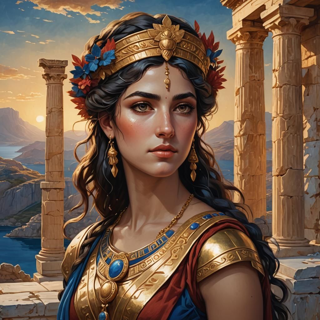 Greek Demigoddess Portrait with Minoan Landscape