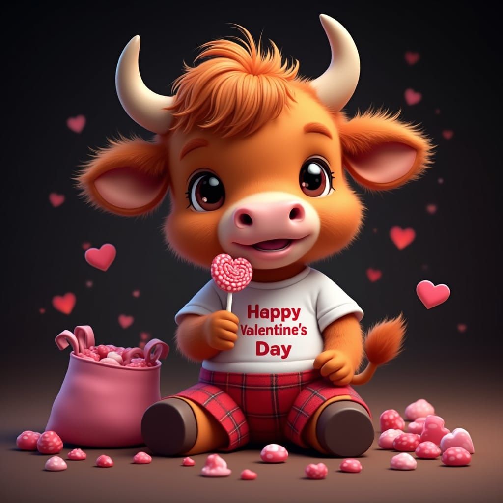 Whimsical Highland Cow Celebrates Valentine's Day