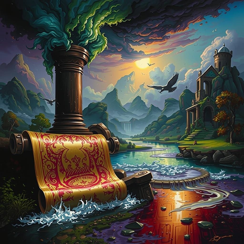 Dramatic River Transformation with Golden Scroll