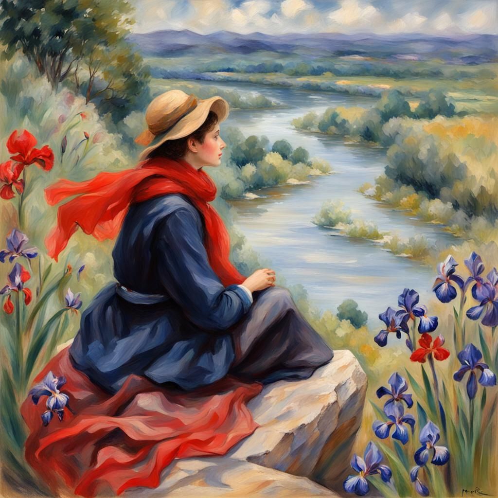 French Girl Gazing at River in Impressionistic Style