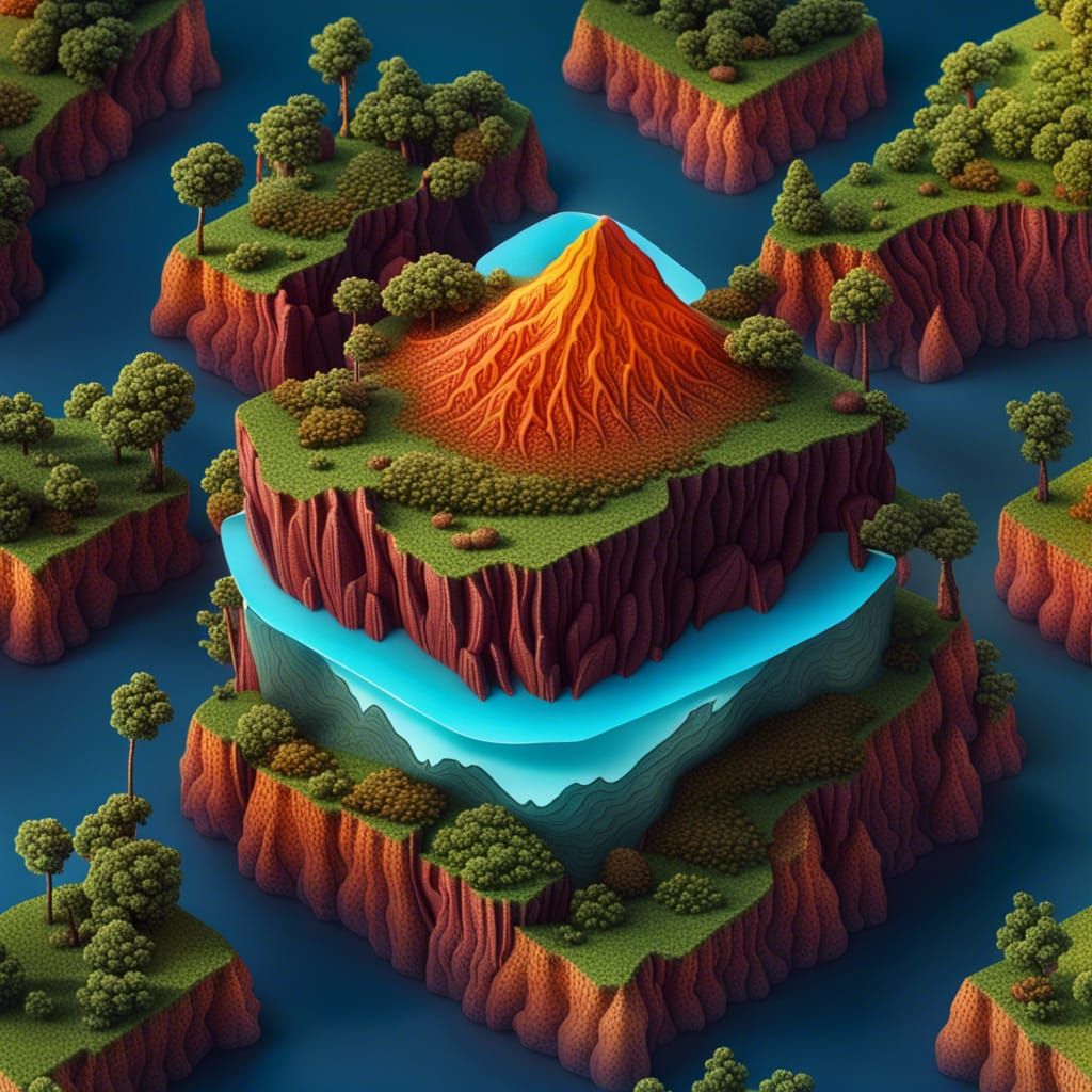 Isometric Floating Island with Volcano in Detailed Matte Pai...