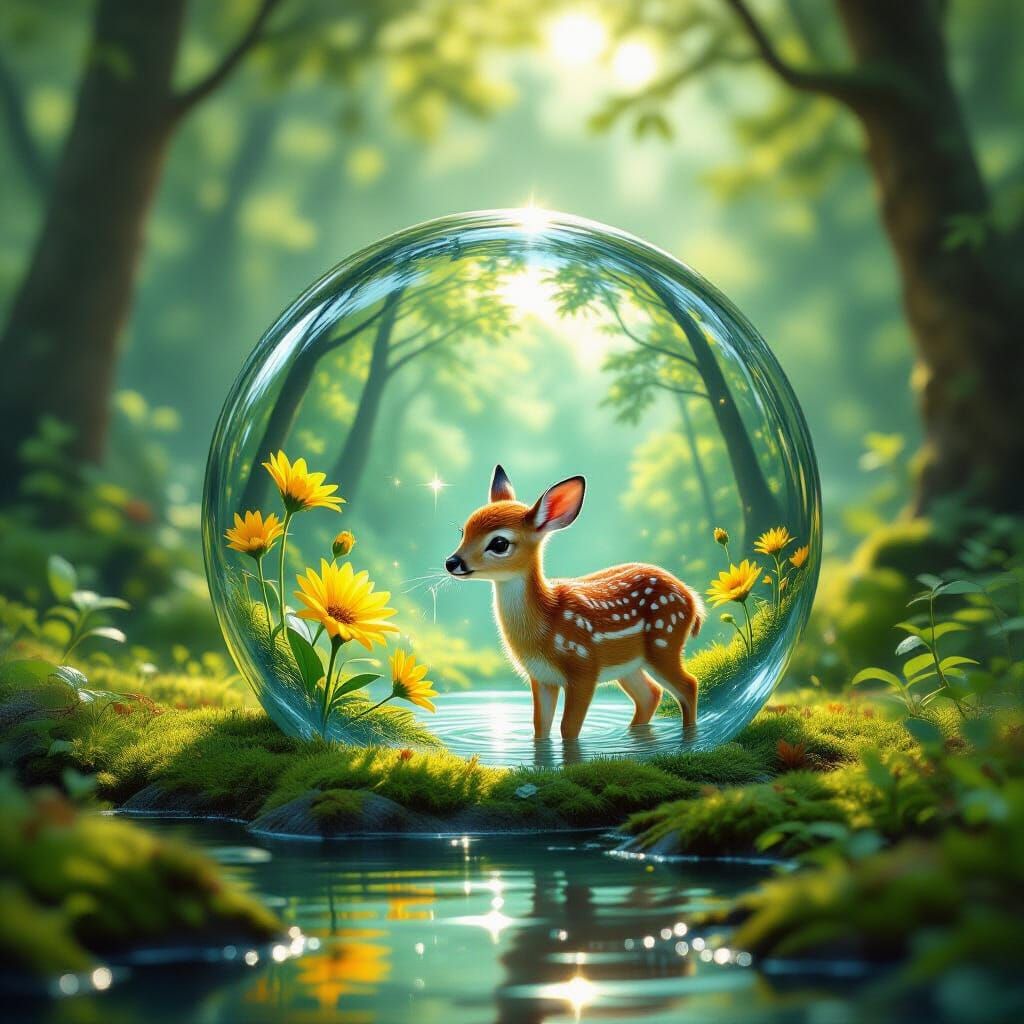Deer Drinking in Magical Sphere, Hyperrealistic Fantasy Art