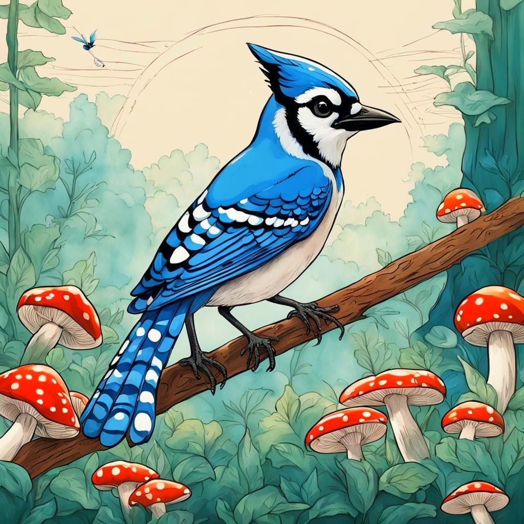 Whimsical Blue Jay in Mushroom Wonderland