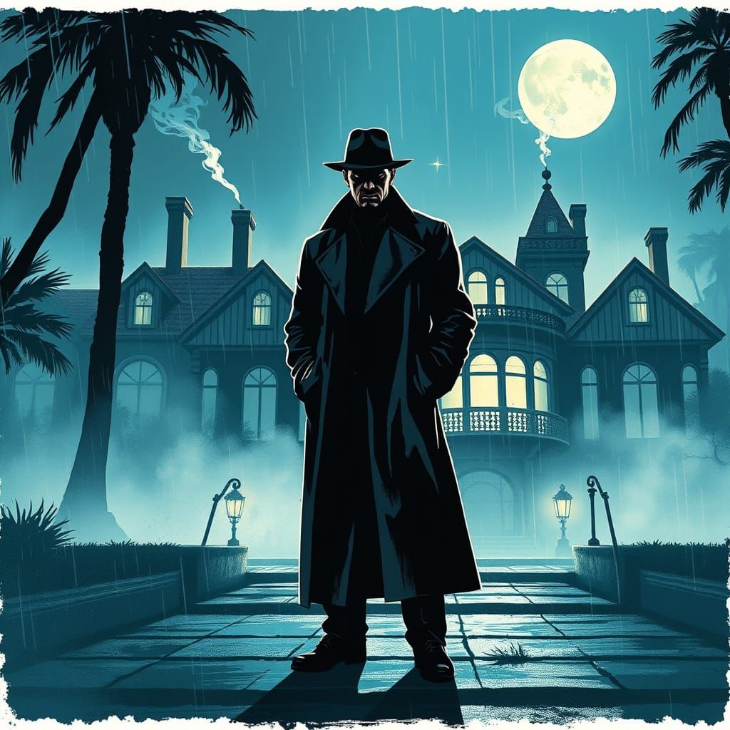 Noir Detective Silhouette in Moonlight, Graphic Novel Art