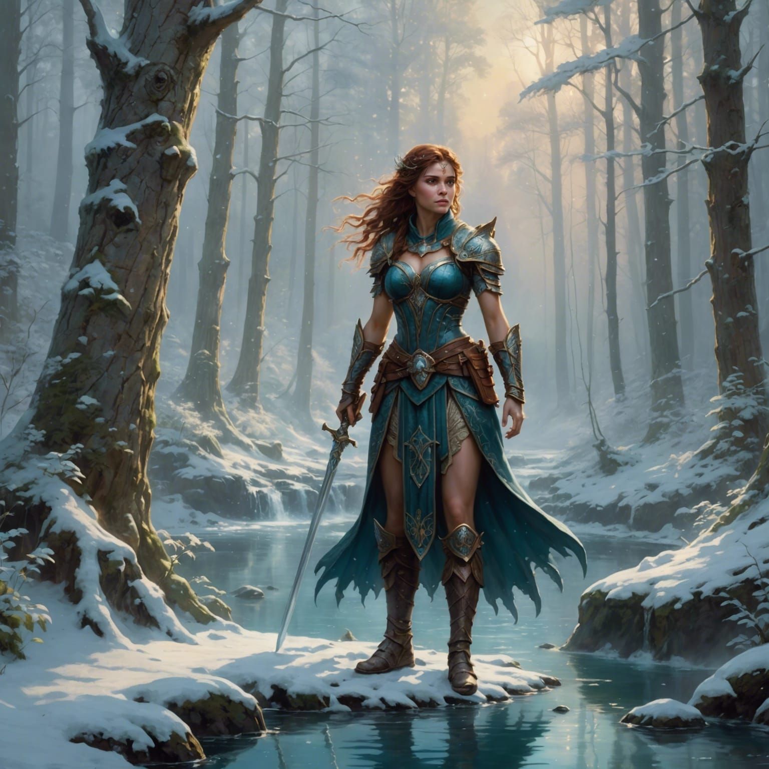 Fae Warrior in Winter Forest, Ethereal Fantasy