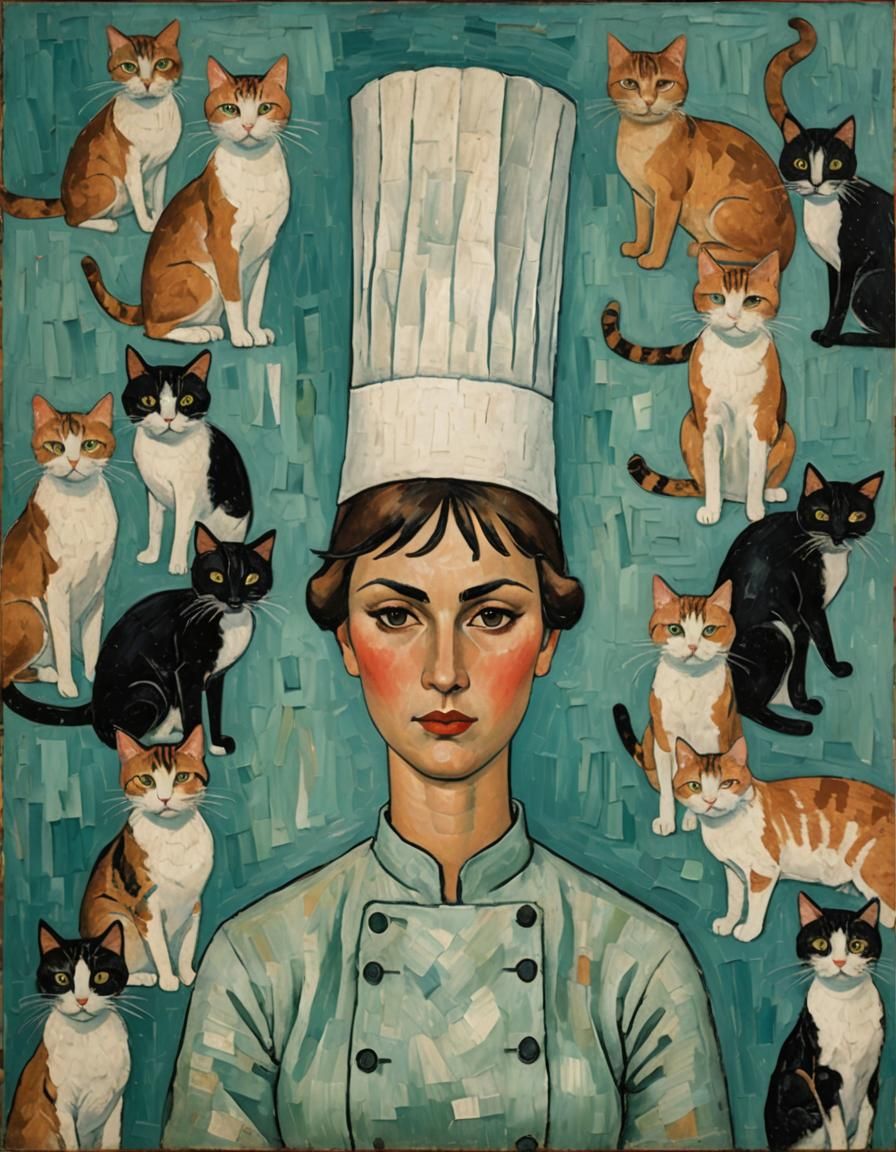 Portrait of Chef with Cats in Modigliani Style