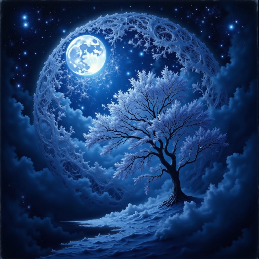 Moon as Lace Pattern in Indigo Sky