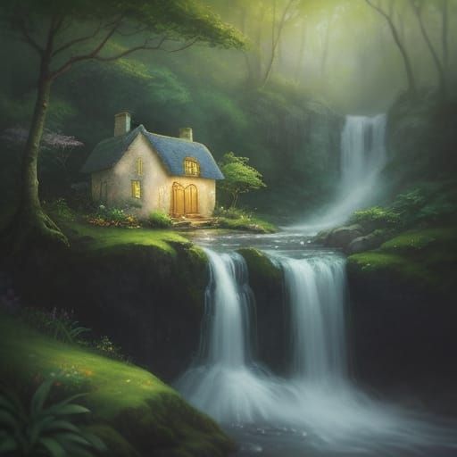 Whimsical Cottage by Waterfall in Watercolor Style
