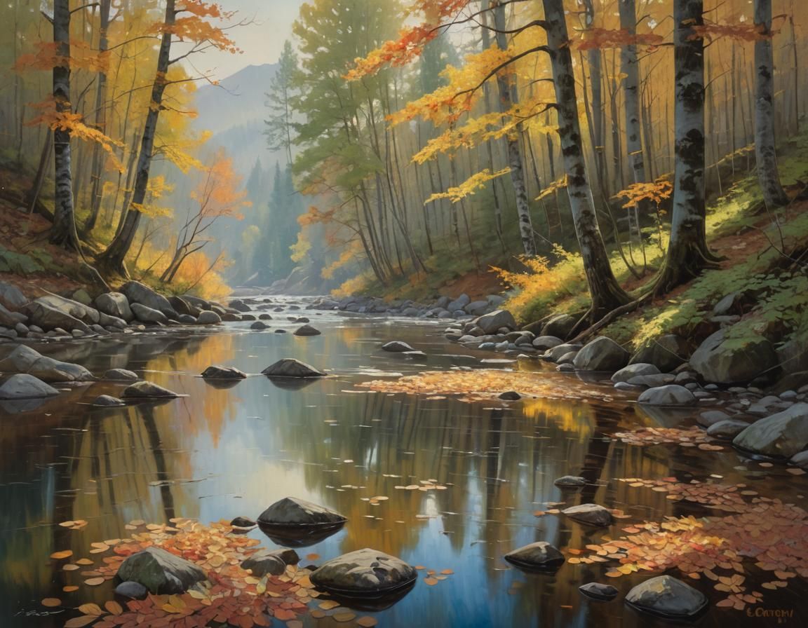 Impressionistic River Through Autumn Forest Oil Painting