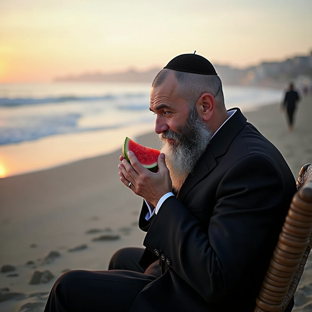 Orthodox Jew on Beach with Watermelon, Documentary Style