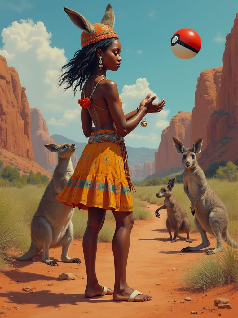 Aboriginal Woman and Bilby Pokemon in Australian Outback