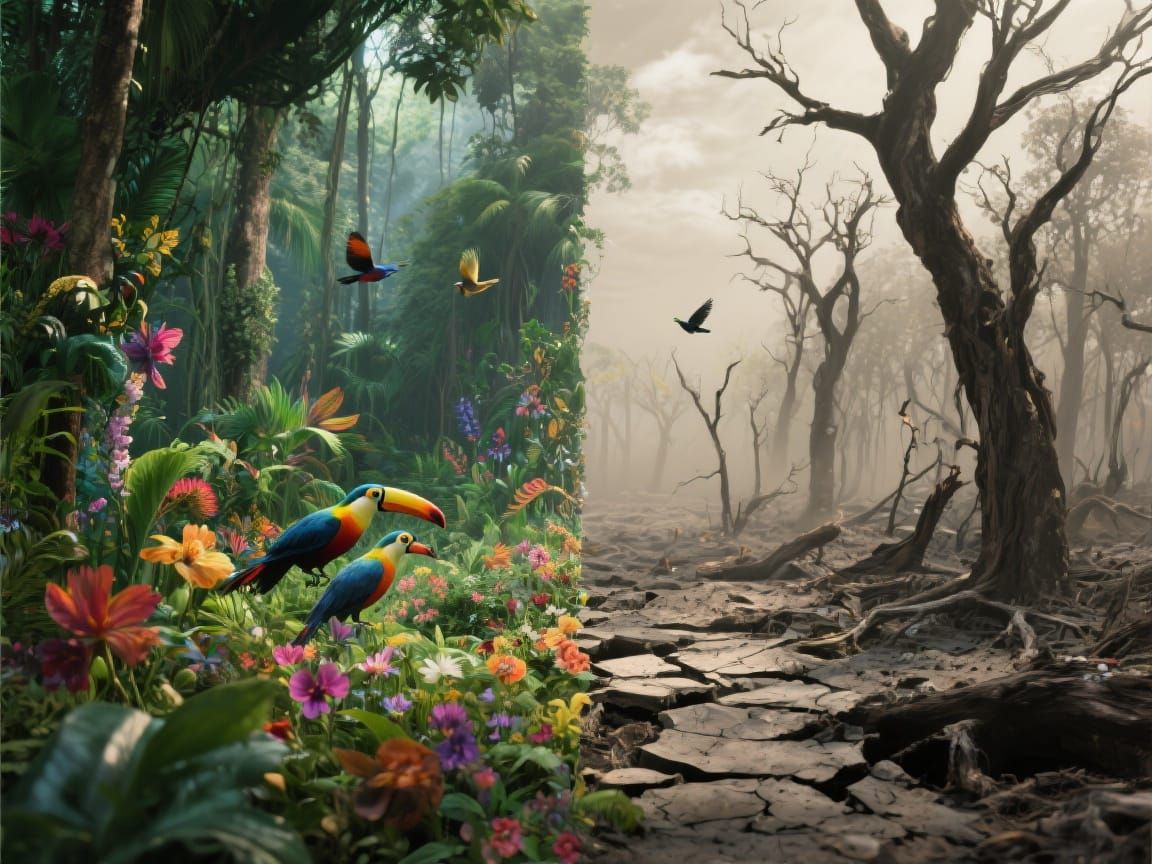 Contrasting Forest: Vibrant Jungle and Barren Wasteland