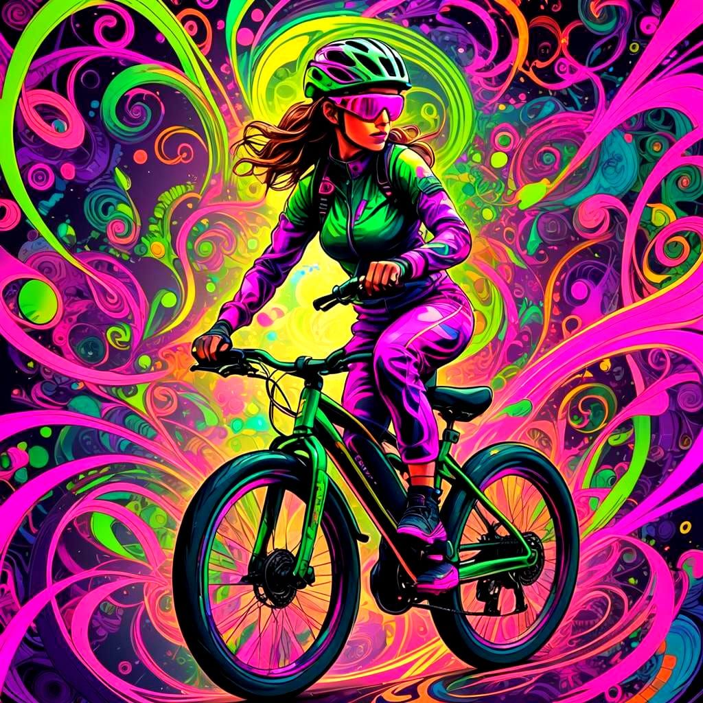Neon Cyclist on Rainbow Background in Vector Style