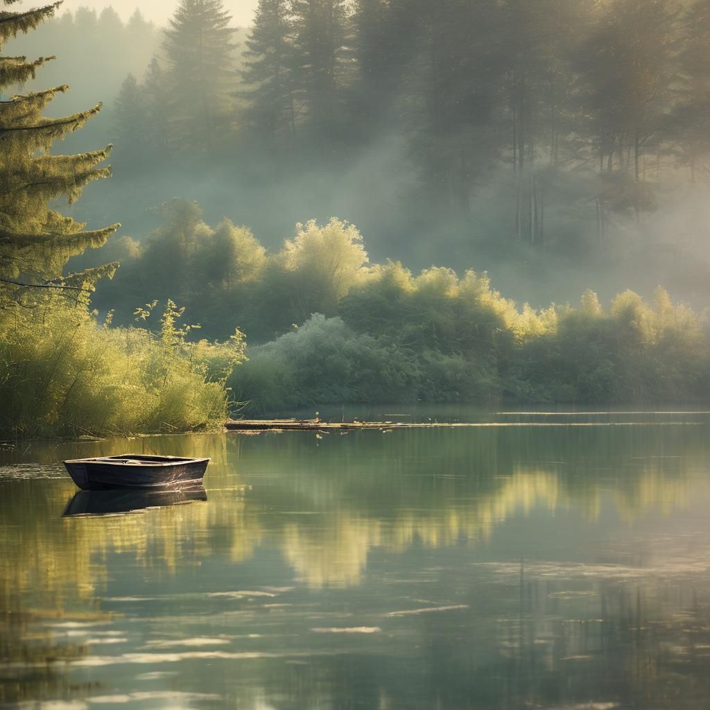 Ethereal Lake Landscape with Musical Notes