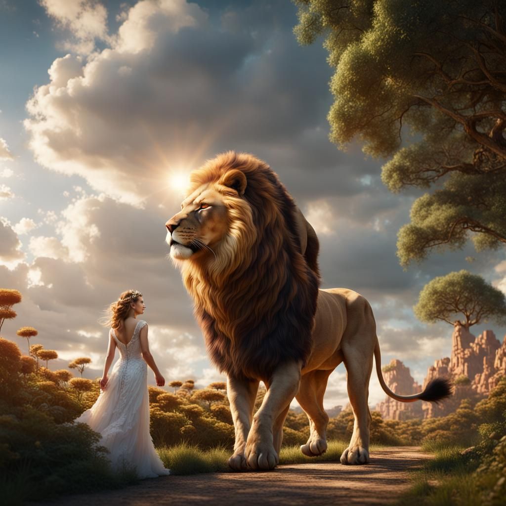 Lion and Bride in Eden: Detailed Digital Painting