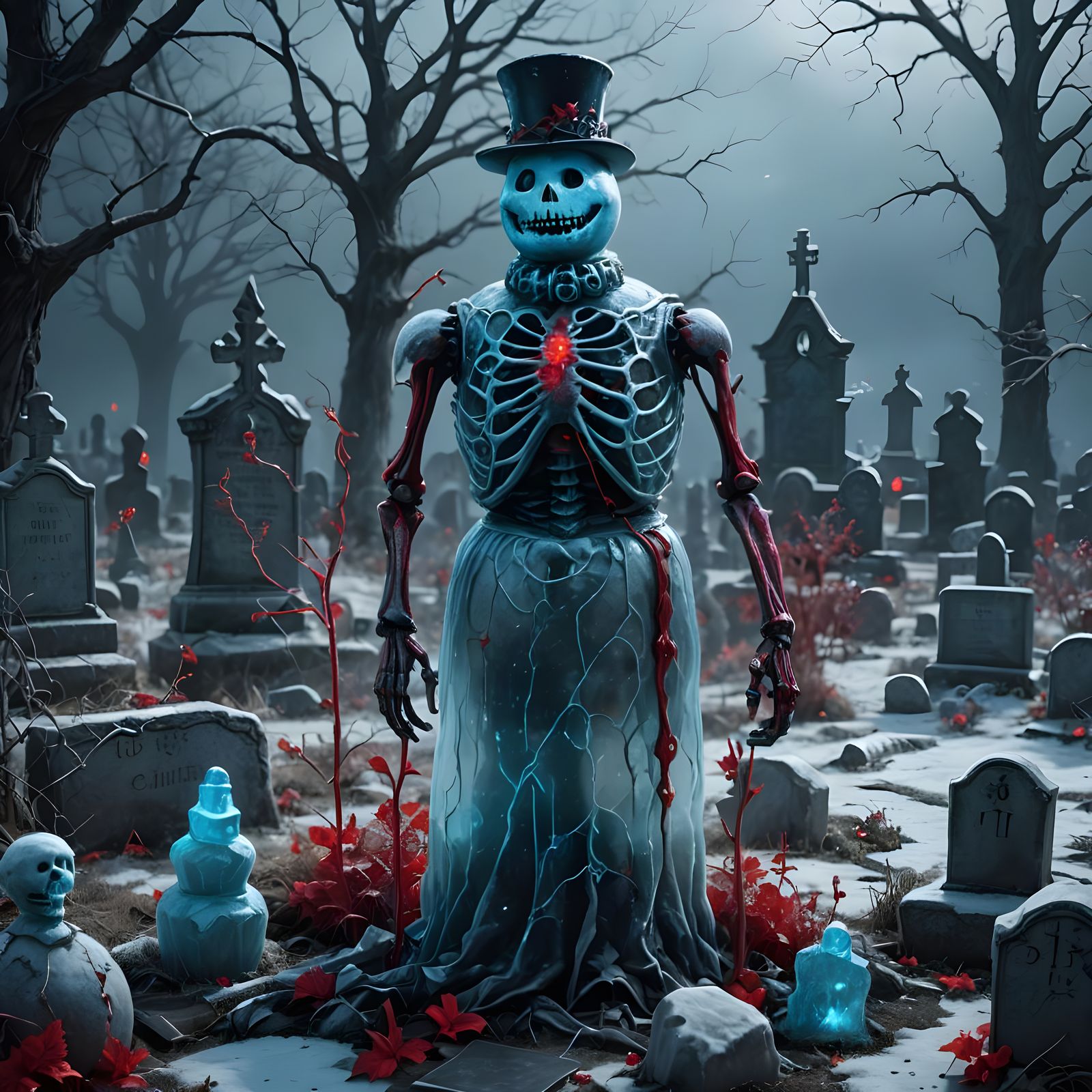 Red Skeleton in Transparent Snowman, Graveyard Scene