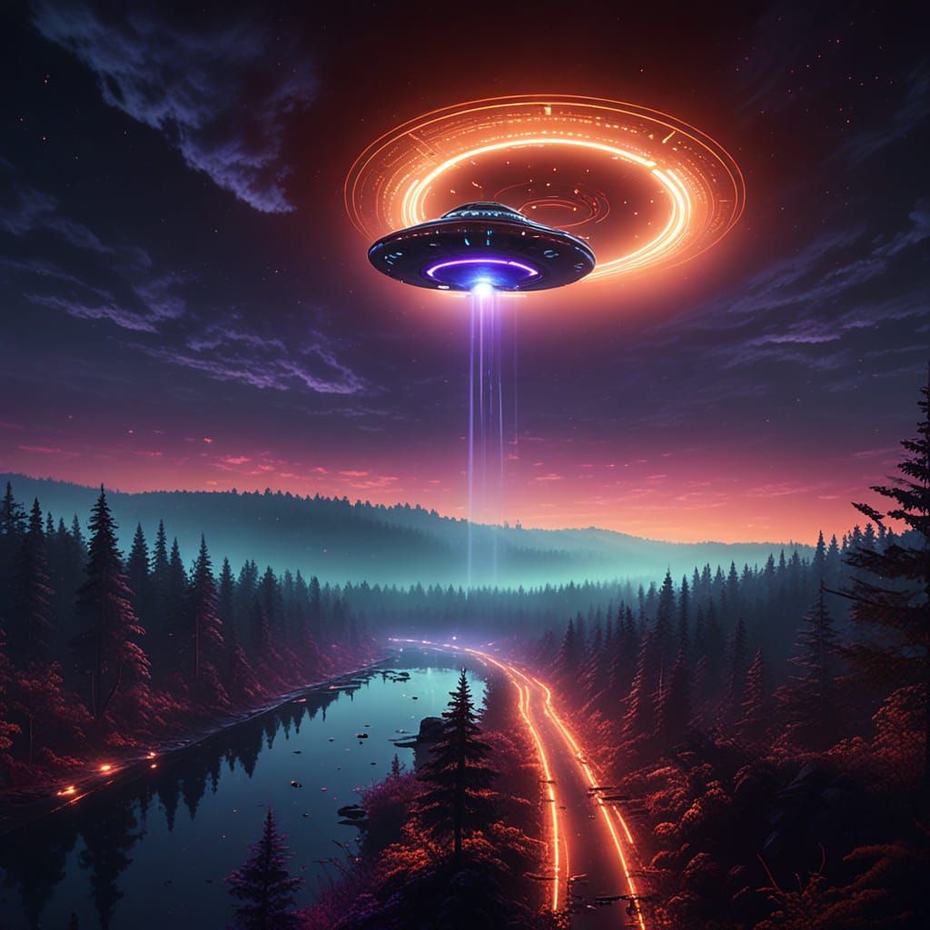 Glowing UFO Dominates a Futuristic Forest Landscape