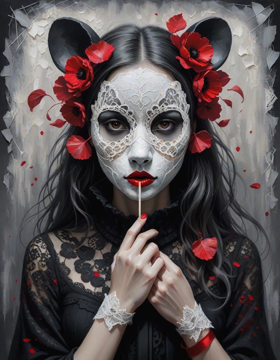 Surreal Portrait of a Woman with Mouse Mask in Dramatic Ligh...