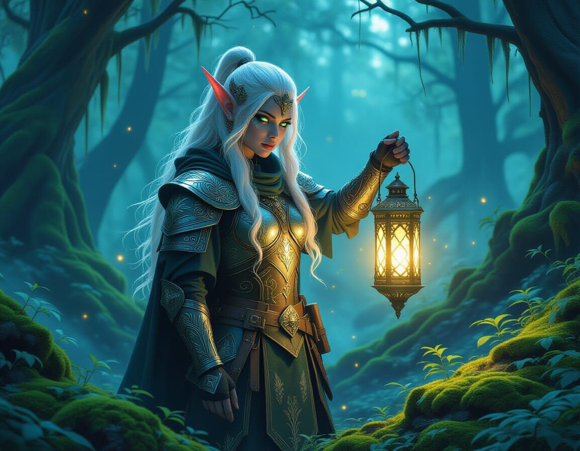 Ethereal Elf Warrior in Bioluminescent Forest