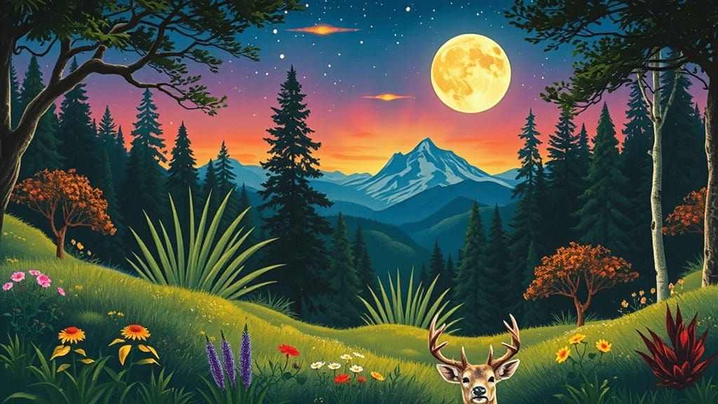 Magical Evening Forest Scene with Deer Under Full Moon