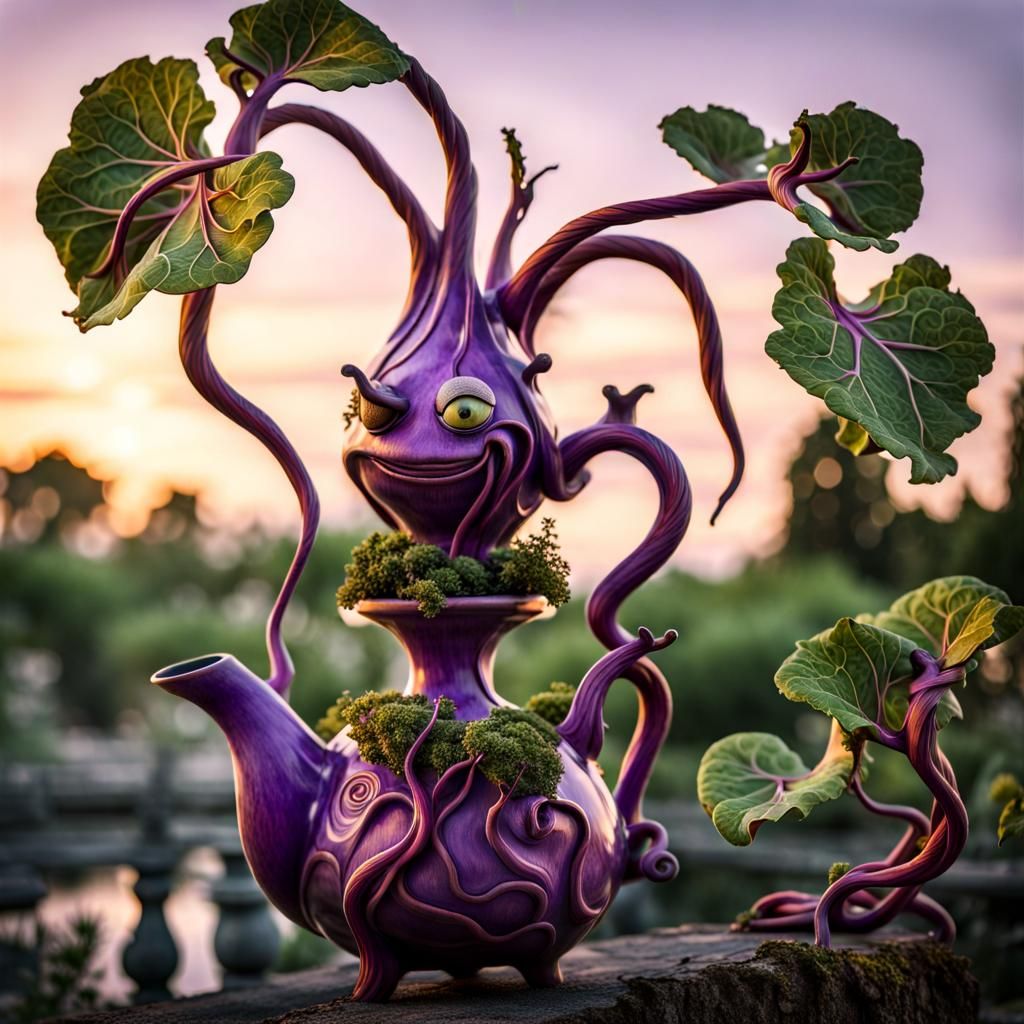 Whimsical Cabbage Monster in Teapot in Garden
