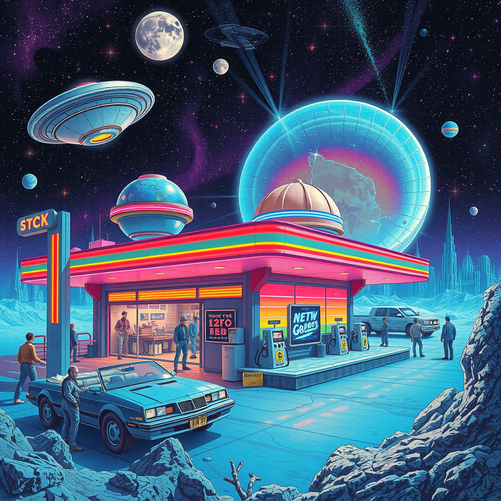 Cosmic Gas Station with UFO Deco, Holographic Illustration