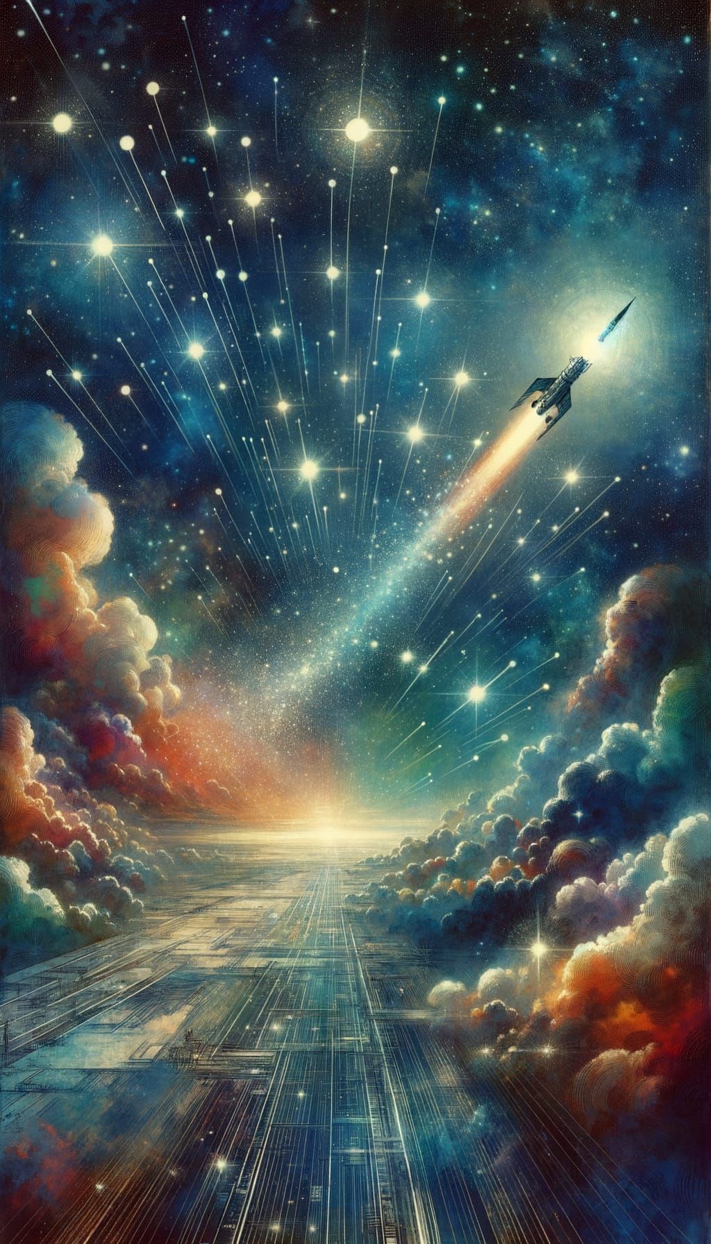 Spacecraft Races Through Starry Sky, Rackham Style