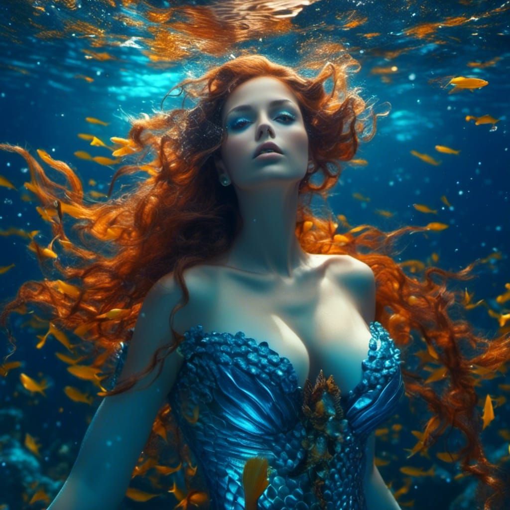 Gorgeous Mermaid Portrait in Glowing Blue Ocean