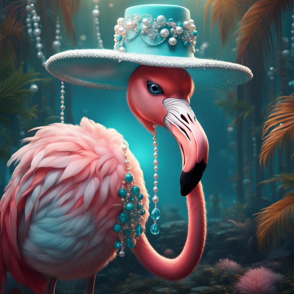Whimsical Flamingo with Turquoise Hat, Digital Art