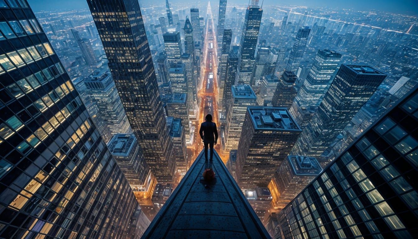 Lone Figure Gazes Over City From Skyscraper Edge