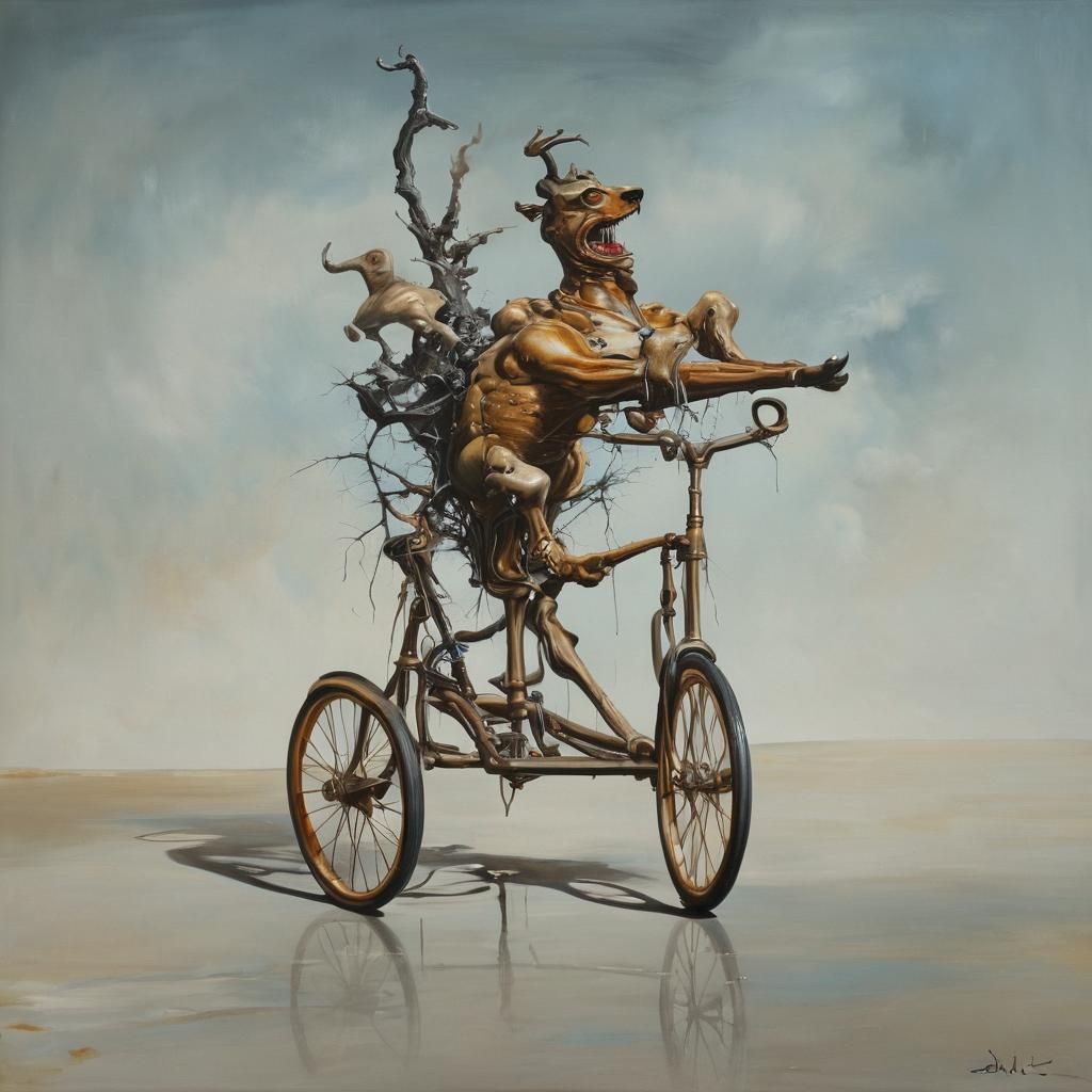 Surreal Tricycle Ride with a Mysterious Wolf in a Melting La...