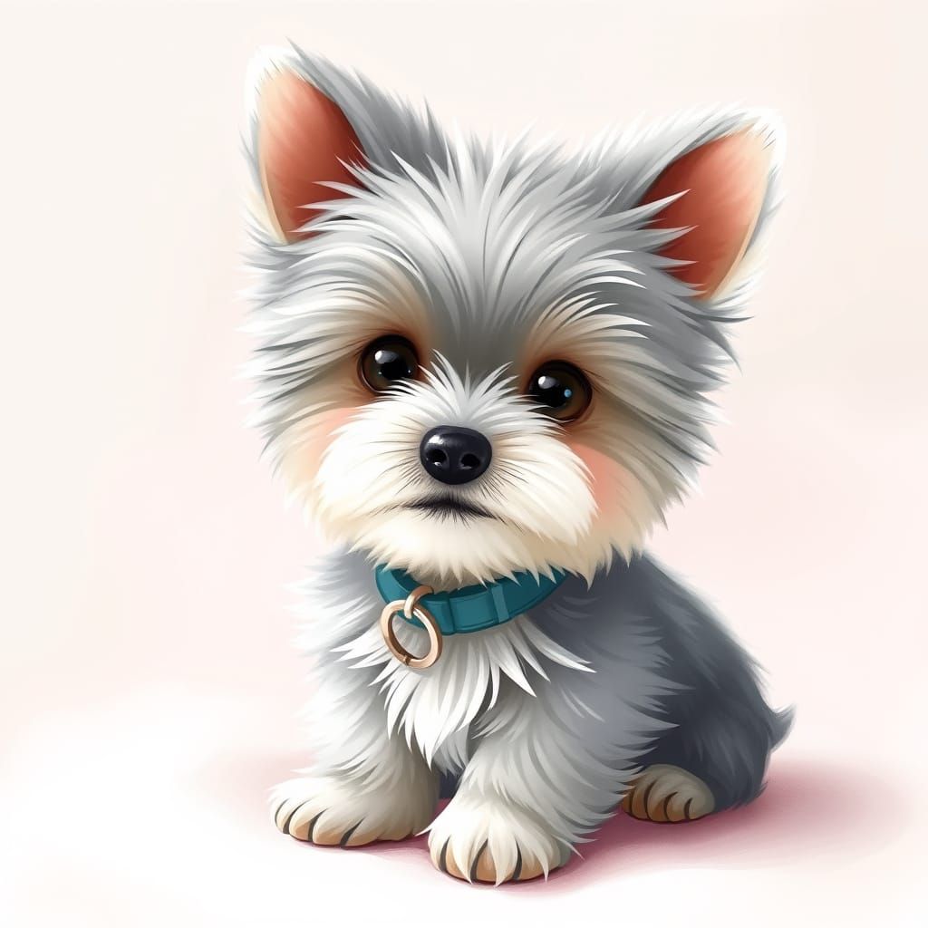 Fluffy Yorkie Puppy in Whimsical Illustration